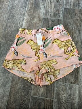 Las Surenas High Waist Pink Floral Cheetah Print Shorts Lightweight Summer Style